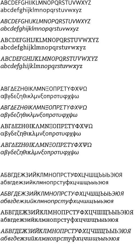 [Bild: Die Grundbuchstaben des lateinischen, des griechischen und des kyrillischen Alphabets gesetzt aus der Arventa und der Arventa Slab]